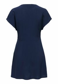 Robe bleu marine à manches courtes avec une taille cintrée et une jupe légèrement évasée, vue de dos.