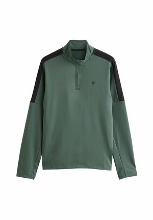 Pullover verde a maniche lunghe con mezza zip, caratterizzato da accenti neri sulle spalle e un tessuto liscio e leggero. Piccolo logo sul petto.