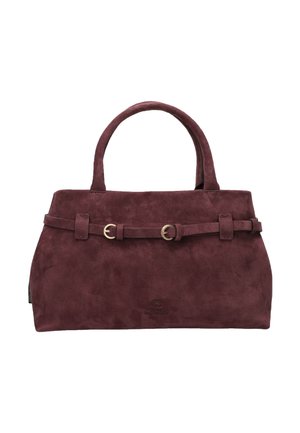 Suède handtas in donker bordeauxrood met twee bovenhandvatten, gouden hardware accenten en een ceintuurdetail aan de voorkant.