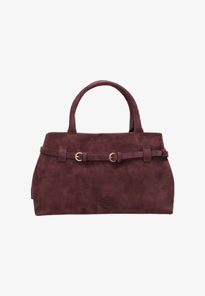 Suède handtas in donker bordeauxrood met twee bovenhandvatten, gouden hardware accenten en een ceintuurdetail aan de voorkant.