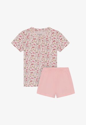 Krótki rękaw, kwiatowy top z nadrukiem motyla w połączeniu z jednolitymi jasnoróżowymi szortami z elastycznym paskiem dla dziewczynek.