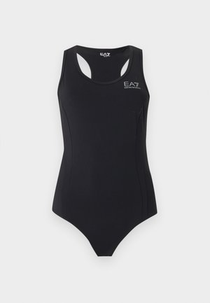 Bañador de una pieza negro sin mangas con espalda de corredor y logo blanco de EA7 Emporio Armani en el pecho.