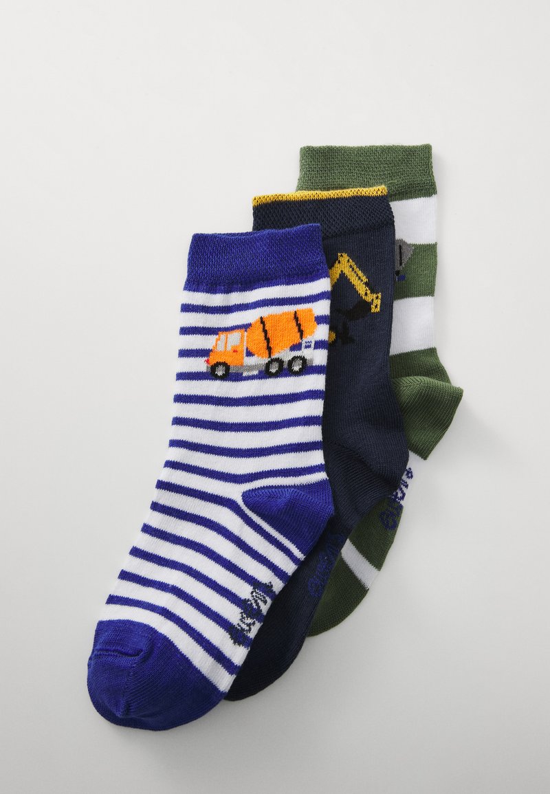 Three pairs of children's socks: purple and white striped with a cement truck, navy with an excavator, and green with white stripes.