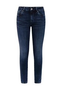 Dark blue skinny jeans made from denim, featuring a five-pocket design, front button closure, and slight fading for texture.