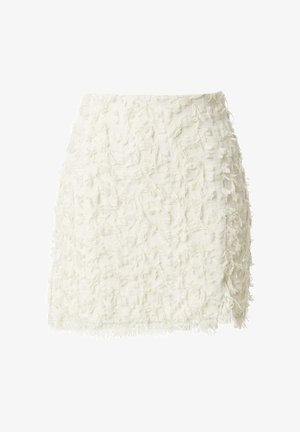 Short white skirt made of textured fabric featuring frayed detailing, with a fitted design and straight hemline.
