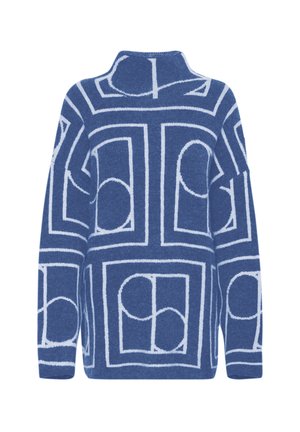 Pullover sweater in blue with a contrasting white geometric pattern. Features a high neckline and long sleeves, crafted from soft material.