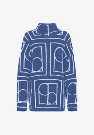 Zila džemperis ar kontrastējošu balto ģeometrisko rakstu. Iespējas augsts apkakle un garas piedurknes, izgatavots no mīksta materiāla.