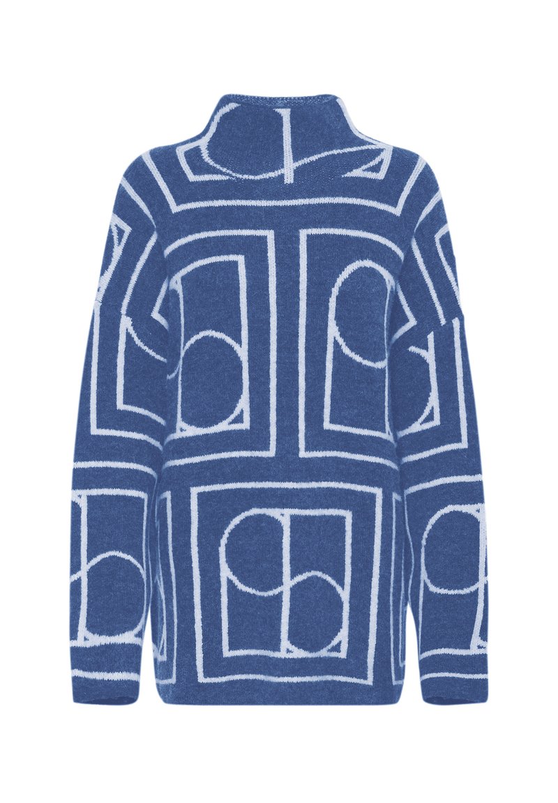 Pulli in Blau mit einem kontrastierenden weißen geometrischen Muster. Hat einen hohen Kragen und lange Ärmel, gefertigt aus weichem Material.