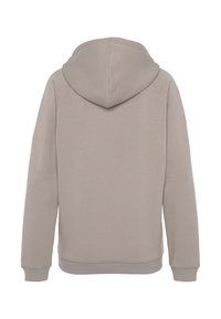 Sudadera con capucha en gris claro, hecha de una tela suave. Presenta puños y dobladillo acanalados, con una textura lisa y sin detalles de diseño visibles.