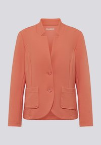 Coral blazer made from textured fabric, featuring a collarless design, two front pockets, and two buttons at the front.