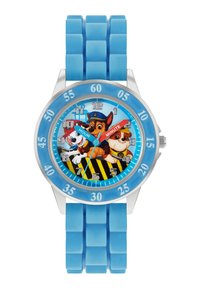 Montre colorée pour enfants avec un bracelet en silicone bleu, un boîtier rond et des chiens de dessin animé sur le cadran. Les aiguilles des heures et des minutes sont de couleurs contrastées.