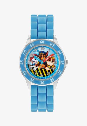 Orologio colorato per bambini con cinturino in silicone blu, cassa rotonda e cani dei cartoni animati sul quadrante. Lancette delle ore e dei minuti in colori contrastanti.
