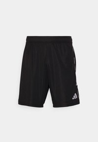 Zwarte sportshorts met een elastische tailleband, voorzien van twee witte zijstrepen en een klein wit logo op het onderste deel van het linkerbeen.