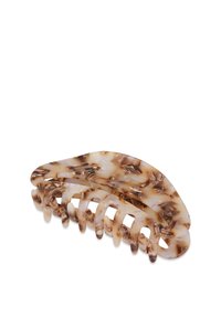Graffetta per capelli in acetato con motivo tartarugato marrone e beige, caratterizzata da una forma curva e denti intrecciati per una presa sicura.