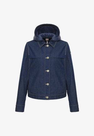 Tumesinist teksast jope kapuutsiga, ees nööpidega, pikkade varrukatega ja nähtavate valgete õmblustega.