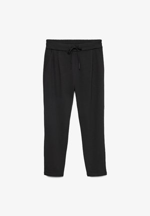 Černé tepláky vyrobené z měkké tkaniny, s elastickým pasem a šňůrkou, dvěma bočními kapsami a zúženými nohavicemi.