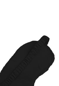 Black fabric garment featuring a gathered texture along the strap and smooth surface. Rounded shape with soft edges.