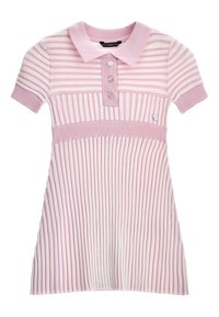 Abito a maglia a maniche corte a righe rosa e bianche con colletto, tre bottoni, texture a costine e piccolo cuore metallico decorativo sul petto.