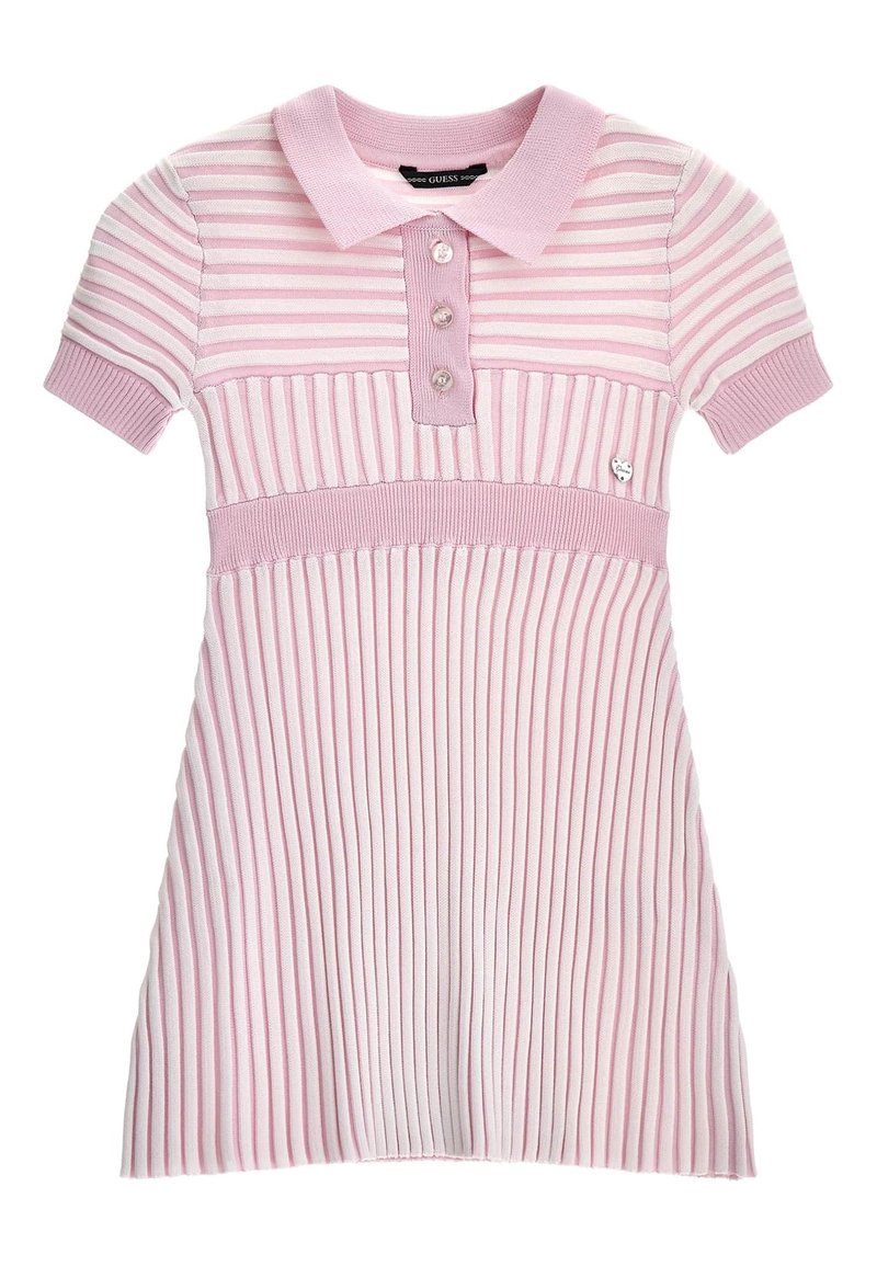 Abito a maglia a maniche corte a righe rosa e bianche con colletto, tre bottoni, texture a costine e piccolo cuore metallico decorativo sul petto.