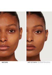 Before and after photos showing smooth skin texture. Left side has bare skin; right side features a warm, even foundation tone.