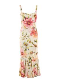 Abito floreale con corpino aderente e orlo svasato. Realizzato in tessuto leggero, presenta fiori rosa e gialli su uno sfondo crema.