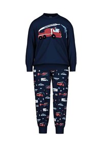 Kinderpyjama set met een marineblauwe lange mouwen top met een rode brandweerwagen graphic en gestreepte broek met verschillende voertuigen in rood, wit en blauw.