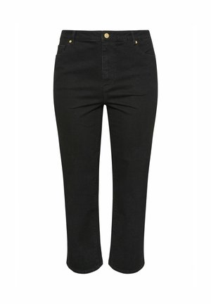 Jeans neri a vita alta con gamba dritta, tasche anteriori e posteriori, chiusura con bottone e rivetti metallici dorati agli angoli delle tasche.