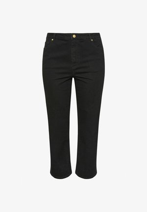 Schwarze Jeans mit hoher Taille und geradem Bein, vorne und hinten mit Taschen, Knopfverschluss und goldfarbenen Metallnieten an den Taschenecken.