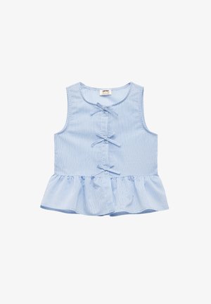 Stribet blå ærmeløs top med peplumkant, der har tre foran sløjfer og en rund halsudskæring. Lavet af letvægtsstof.