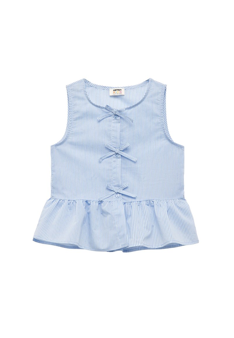 Gestreiftes, ärmelloses Oberteil in Blau mit einem Peplum-Saum, ausgestattet mit drei vorderen Schleifen und einem runden Ausschnitt. Hergestellt aus leichtem Stoff.