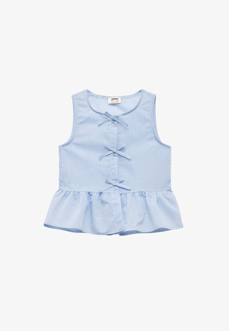 Gestreiftes, ärmelloses Oberteil in Blau mit einem Peplum-Saum, ausgestattet mit drei vorderen Schleifen und einem runden Ausschnitt. Hergestellt aus leichtem Stoff.