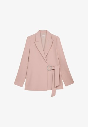 Blush pink blazer with a fitted design, notched lapels, long sleeves, and a cinched waist featuring a decorative rhinestone buckle.