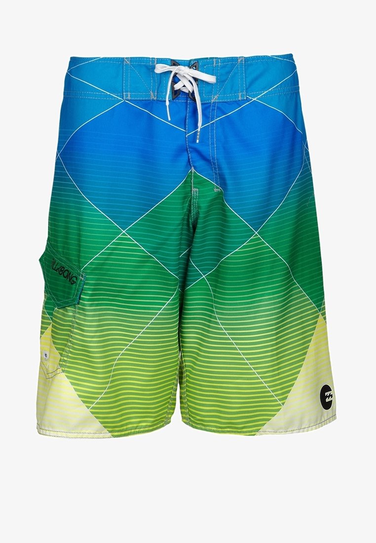Short de bain dégradé bleu, vert et jaune avec cordon blanc, lignes blanches diagonales et poche latérale avec fermeture pression.