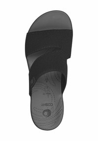 Black slide sandal with textured fabric straps and a cushioned footbed, featuring logo branding and curved sole design.