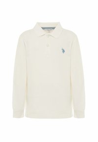 Polo a maniche lunghe bianco in cotone con colletto classico, caratterizzato da un logo ricamato azzurro chiaro sul lato sinistro del petto.
