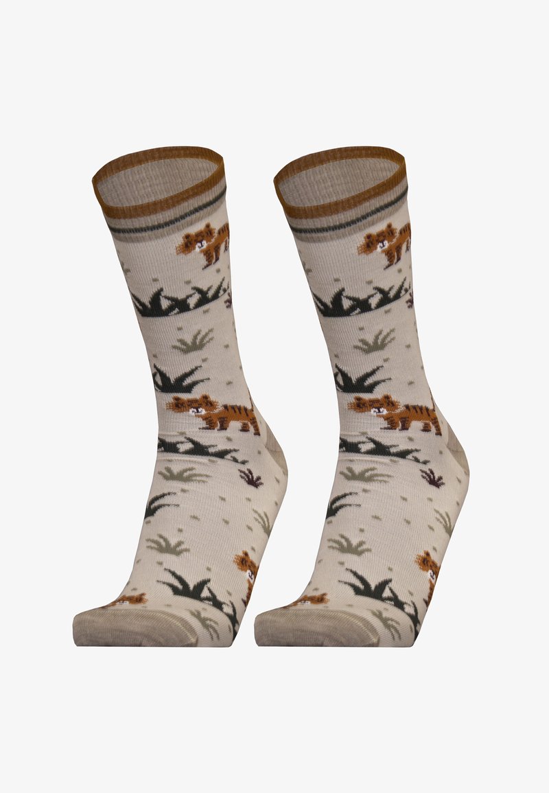 Beige socks featuring tiger and grass patterns, brown cuff, smooth texture, and green and brown accents throughout the design.