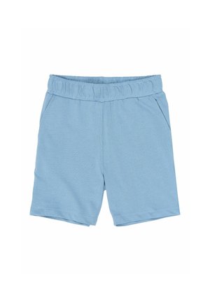 Pantalones cortos de algodón azul con cintura elástica, dos bolsillos laterales y una textura suave. El diseño presenta un ajuste casual y relajado.