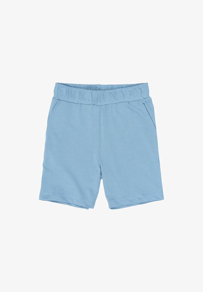 Pantalones cortos de algodón azul con cintura elástica, dos bolsillos laterales y una textura suave. El diseño presenta un ajuste casual y relajado.