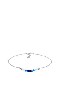 Silberne Kettenarmband mit einer zentralen Anordnung von blauen und klaren Kristallperlen in verschiedenen geometrischen Formen. Mit Karabinerverschluss.