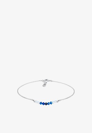 Silberne Kettenarmband mit einer zentralen Anordnung von blauen und klaren Kristallperlen in verschiedenen geometrischen Formen. Mit Karabinerverschluss.