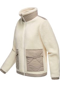 Fleecejack in off-white met een hoge kraag, voorzien van beige gewatteerde accenten en twee voorkoeken. Ribgebreide manchetten en zoom.