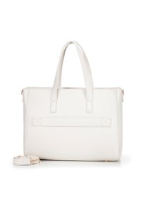 Witte faux leren tote bag met twee bovenhandvatten en een afneembare schouderriem. Heeft strakke lijnen en een minimalistisch ontwerp. Accenten van gouden hardware.