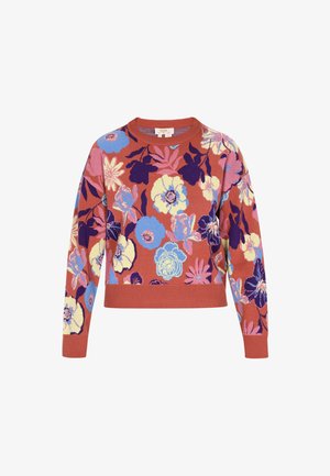 Roestkleurige trui met geribde manchetten en onderkant, voorzien van een veelkleurig bloemenpatroon in blauwe, gele, roze en paarse tinten.
