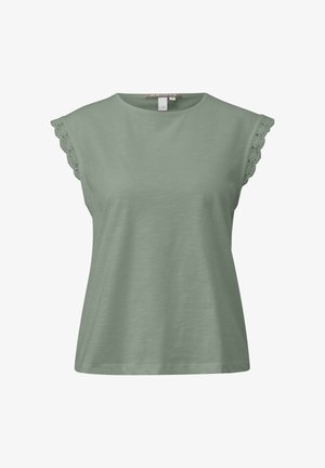 Saliegroene mouwloze top met een ronde hals en een gegolfde kanten rand langs de schouderranden.