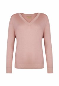 Jasnoróżowy sweter w serek z długimi rękawami, wykonany z miękkiego materiału. Posiada prążkowany dekolt i mankiety oraz gładką teksturę.