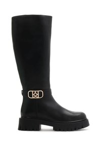Bota negra hasta la rodilla hecha de cuero suave, con un tacón ancho y una hebilla decorativa en tono dorado en la correa. Suela sólida y gruesa.