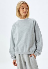 Grijze sweatshirt van zacht materiaal; heeft raglan mouwen en geribbelde manchetten, met een relaxte pasvorm en een ronde halsontwerp.