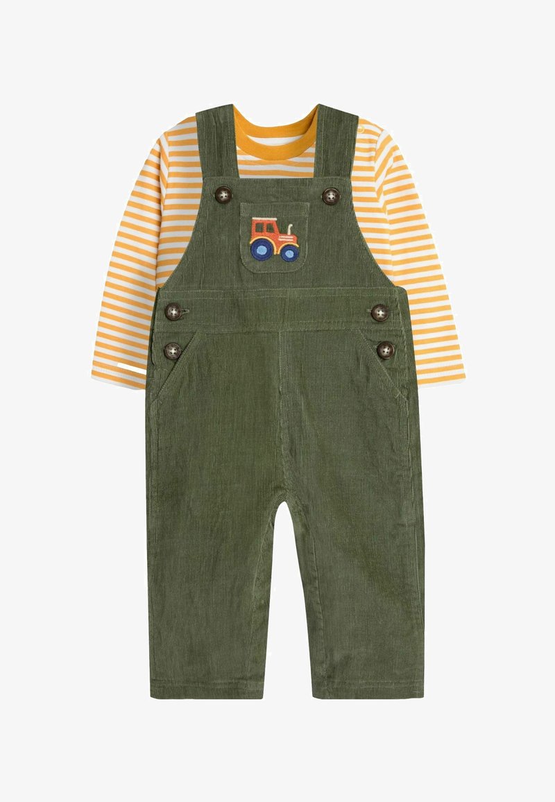 Zaļas kordura bērnu kostīms ar dzeltenām un baltām svītrām garām piedurknēm. Iezīmēts ar traktoram izšuvumu un pogu akcentiem uz siksnām.