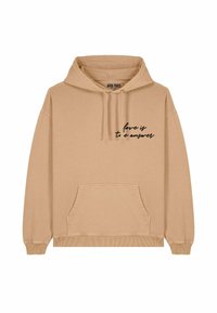 Felpa beige con cappuccio realizzata in morbido tessuto, dotata di una tasca frontale e di testo in nero scritto in corsivo che recita "l'amore è la risposta."