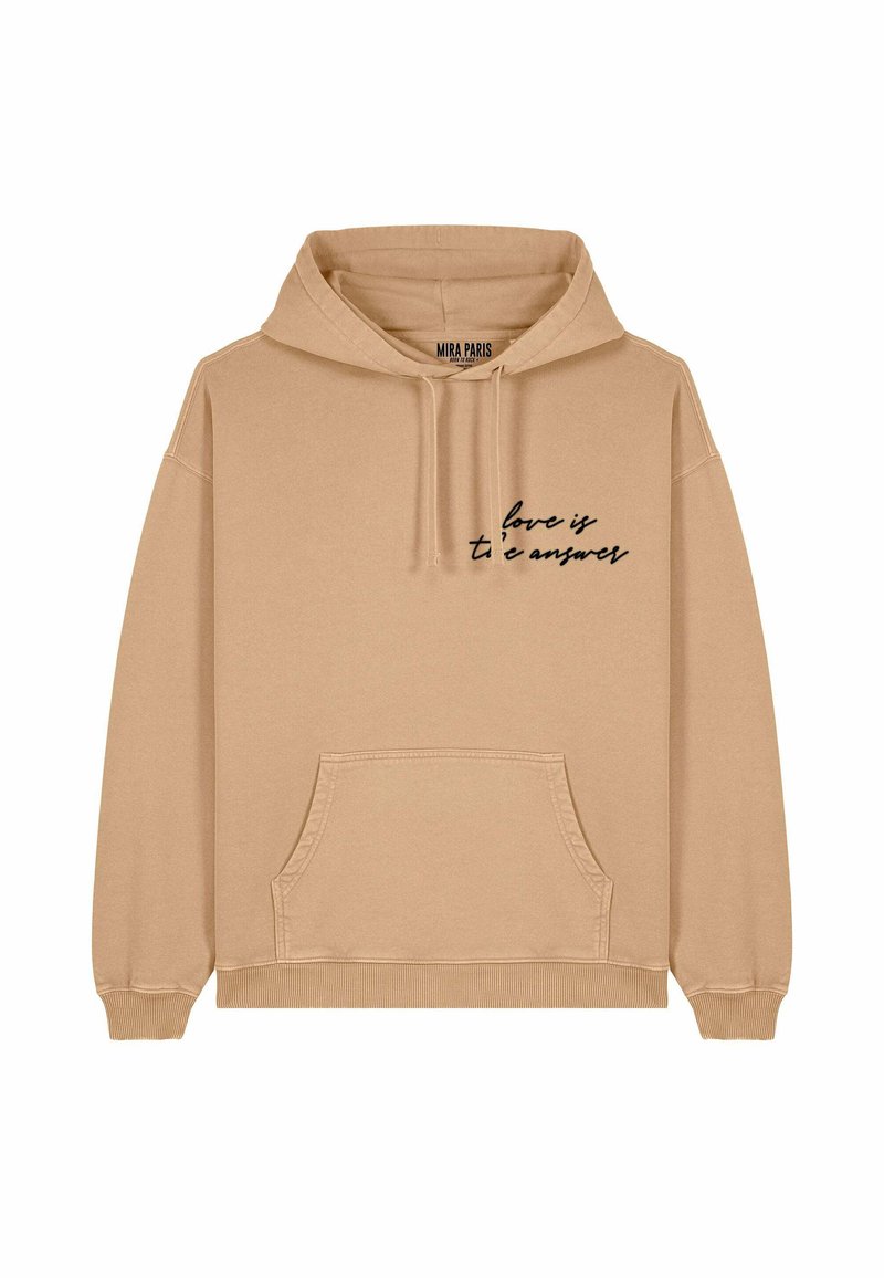 Felpa beige con cappuccio realizzata in morbido tessuto, dotata di una tasca frontale e di testo in nero scritto in corsivo che recita "l'amore è la risposta."